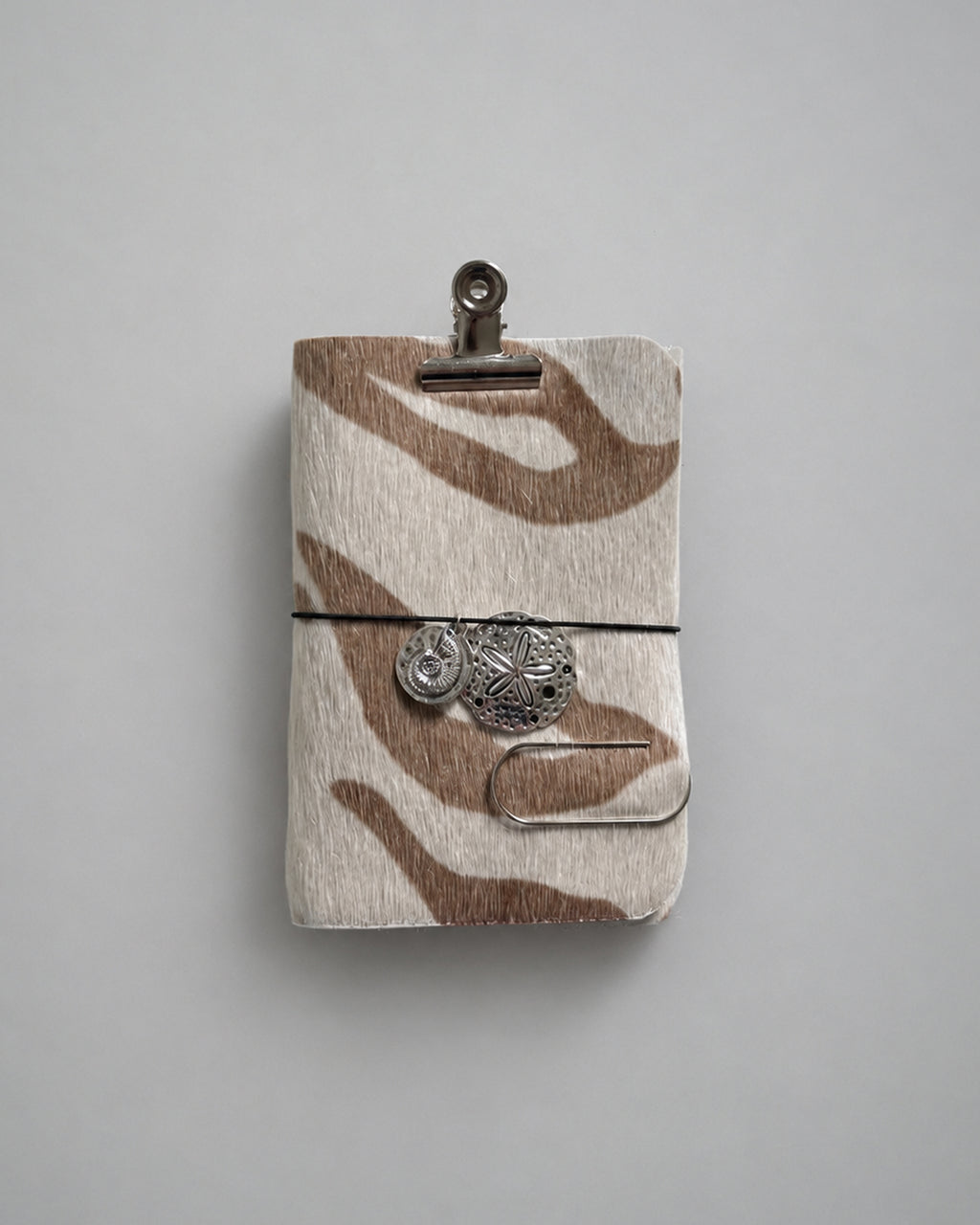Hair-On White Tiger Hide Journal with Sculptural Metal Object — Classic | A6