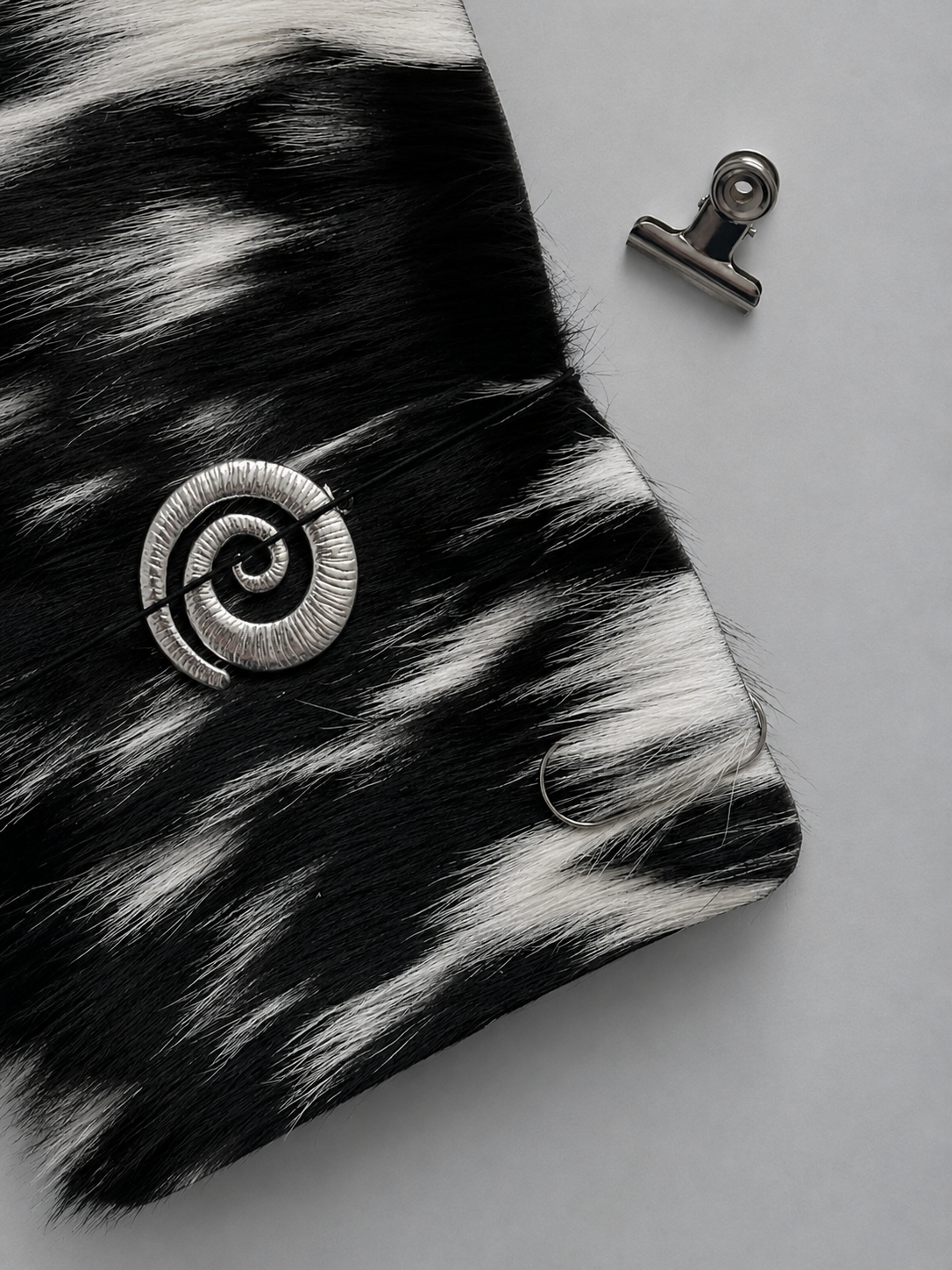 Hair-On Salt & Pepper Hide Journal with Sculptural Metal Object — ARCHIVE | A5