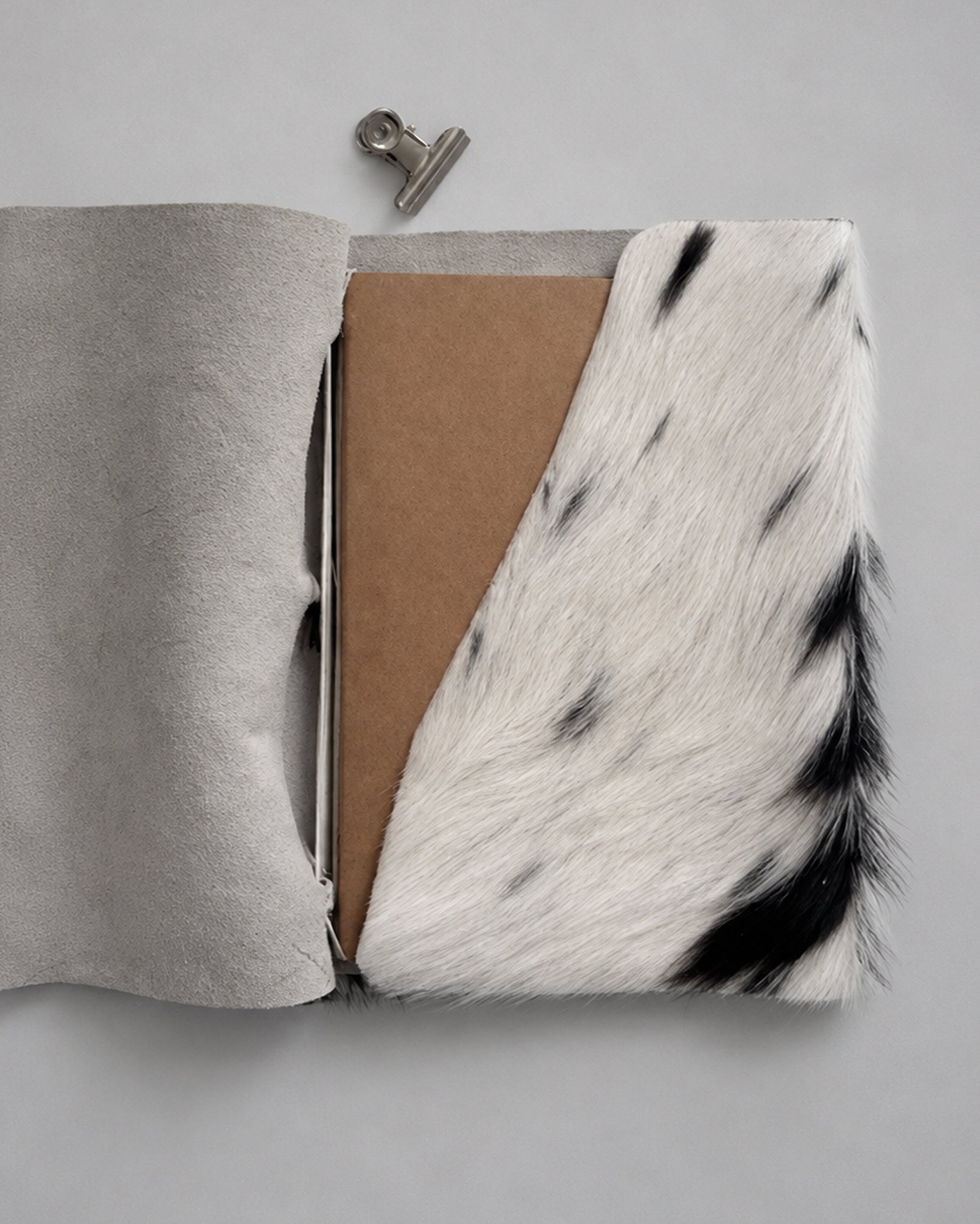 Hair-On Salt & Pepper Hide Journal with Sculptural Metal Object — ARCHIVE | A5